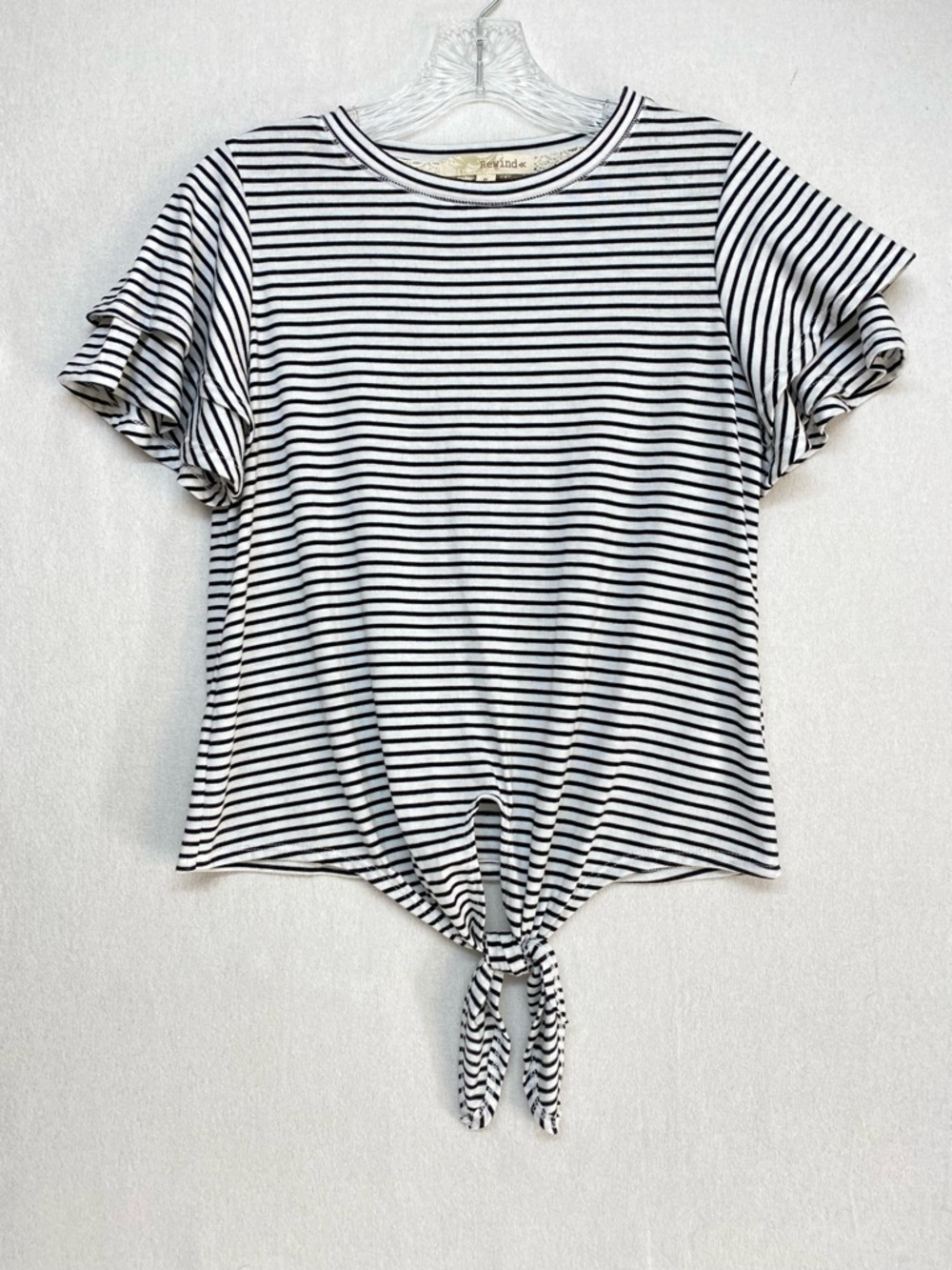 Rewind S Black & White Striped Tie-Front Hem Short Ruffle Sleeve Top Soft Casual